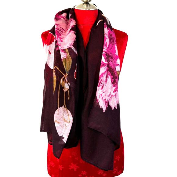 Floral Wrap Cotton Poly blend scarf shawl burgundy pink floral huge square pareo - Picture 3 of 7